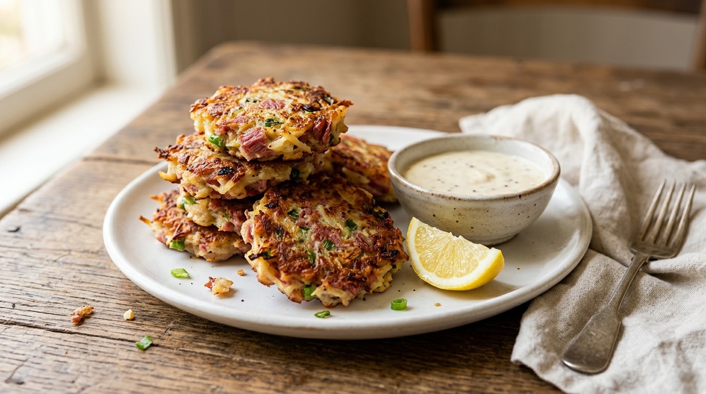 Stack of golden corned beef fritters with a creamy dip and lemon wedge