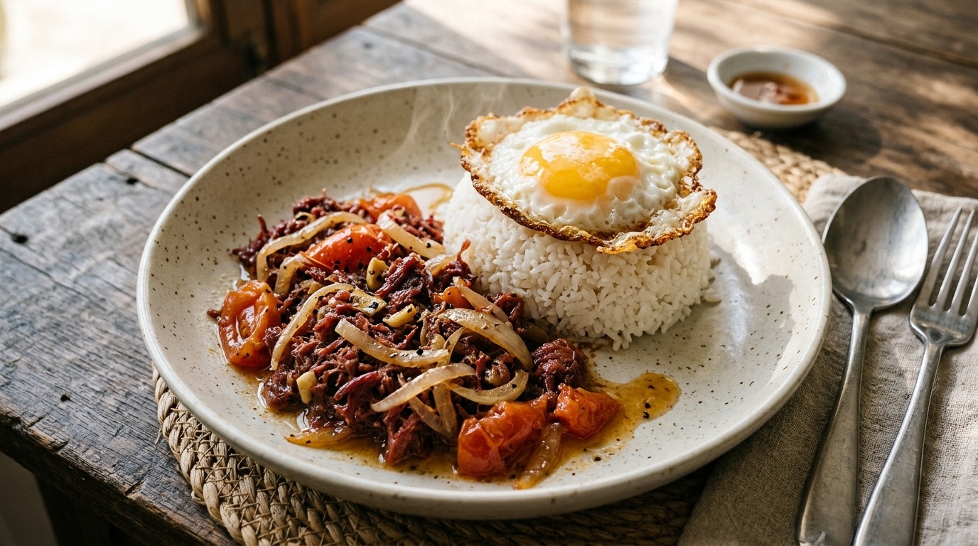 Island-style canned corned beef with onions beside white rice and a fried egg