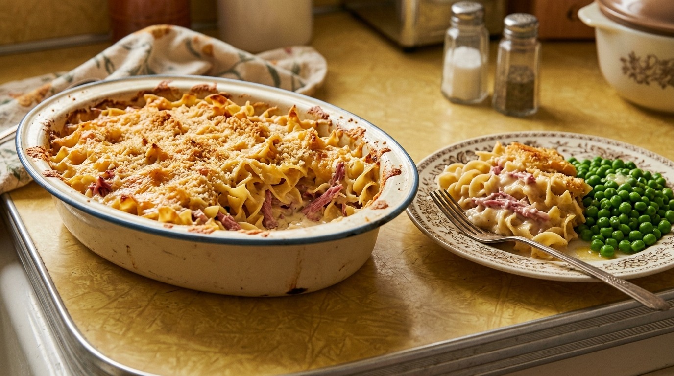 Creamy corned beef and egg noodle bake in an oval baking dish