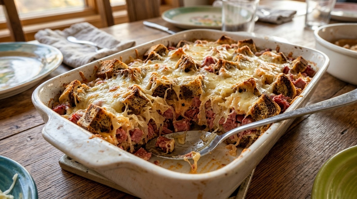 Reuben casserole with layers of rye bread, corned beef and melted Swiss cheese
