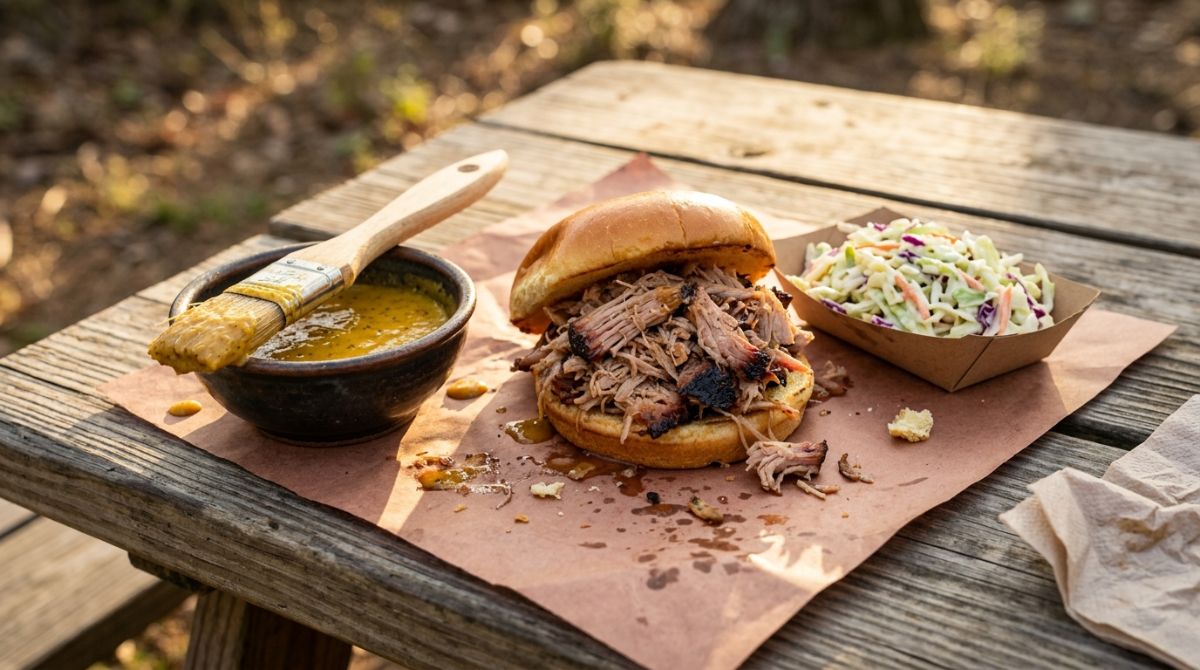 Golden Carolina mustard BBQ sauce with pulled pork