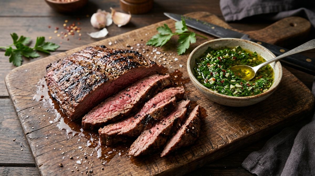 Fresh green chimichurri with sliced grilled steak