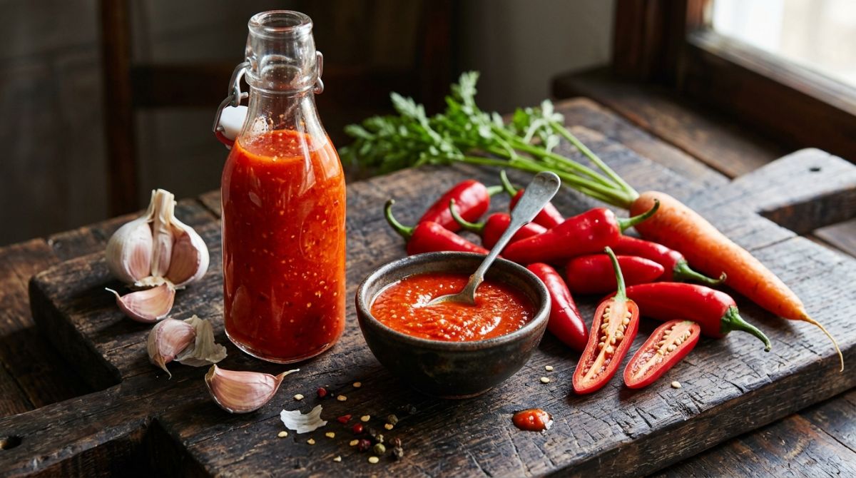 Homemade hot sauce with fresh red chiles