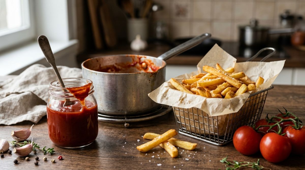 A jar of quick ketchup made from tomato paste with fries