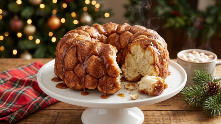 Caramel monkey bread on a white cake stand on Christmas morning