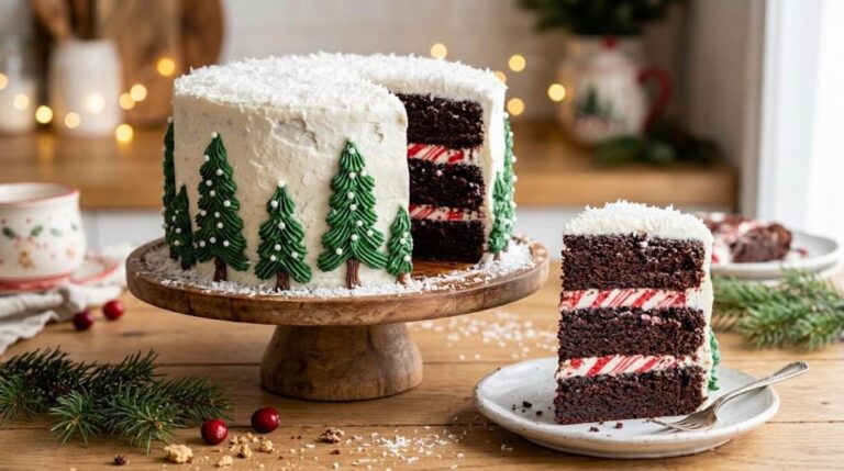 Christmas cakes: white layer cake with green buttercream trees and a peppermint striped slice
