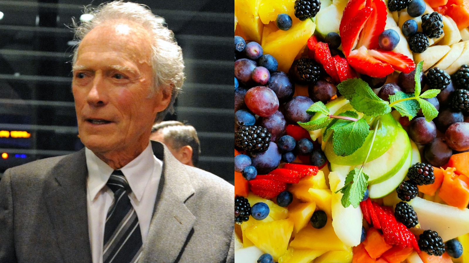 Clint Eastwood beside a colorful mixed fruit salad that fits the Clint Eastwood diet