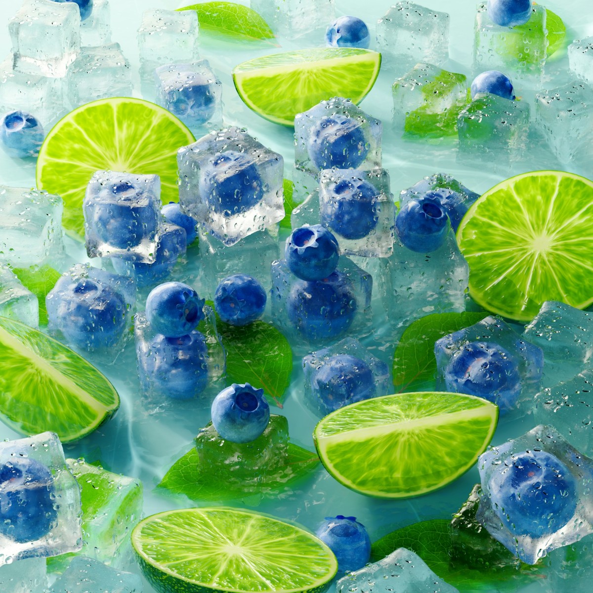 Blueberries and lime slices in iced sparkling water