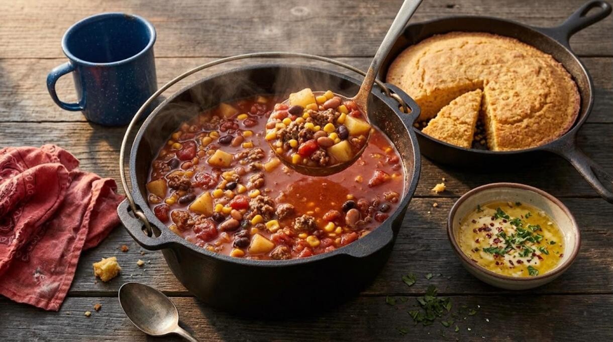Cowboy soup in a cast iron Dutch oven with skillet cornbread