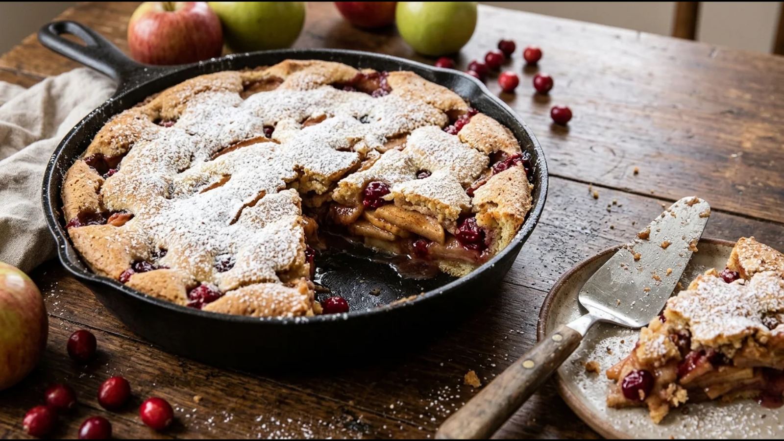 Crustless apple cranberry pie in a cast iron skillet