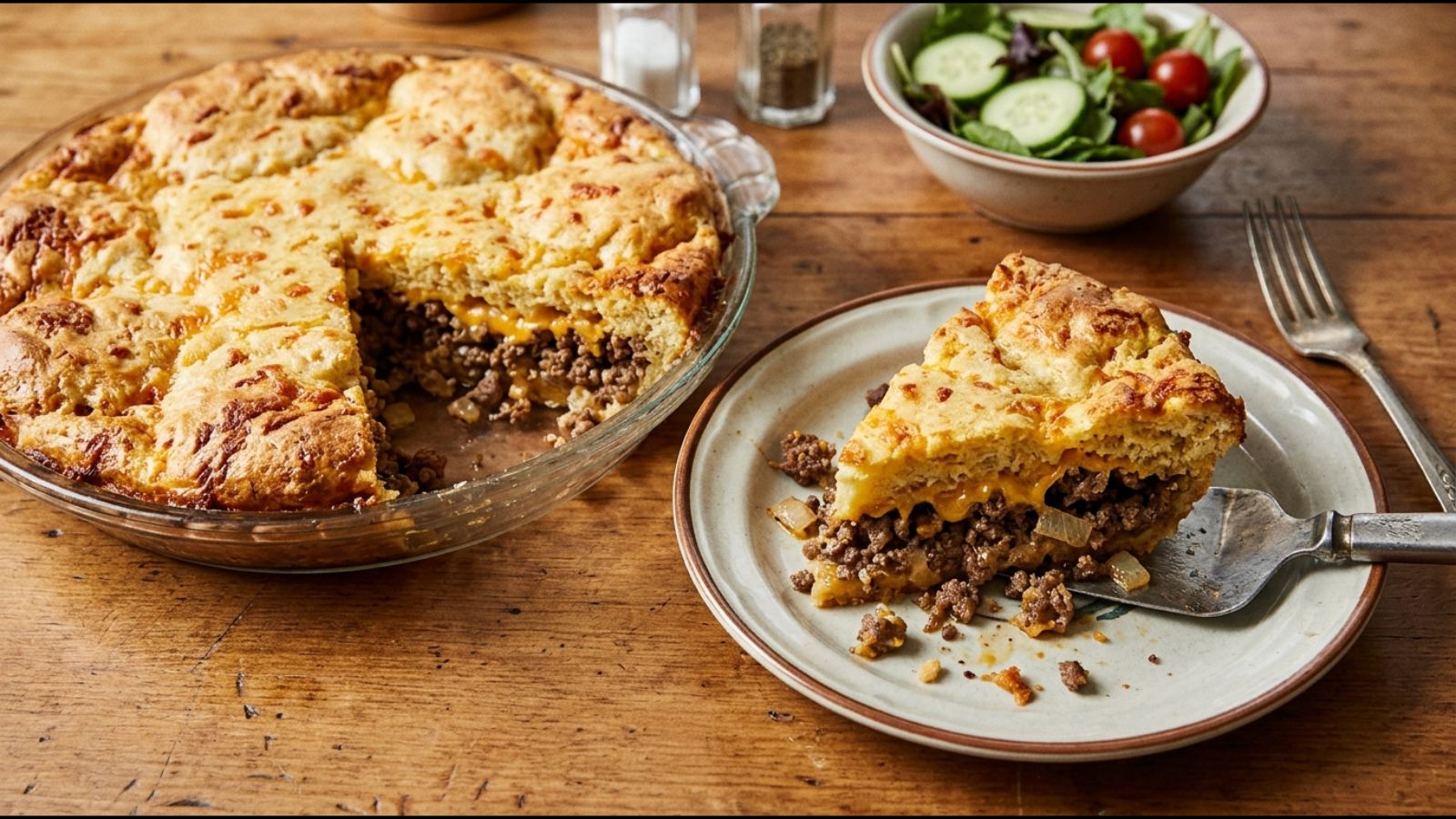 Impossible cheeseburger pie sliced in a glass dish