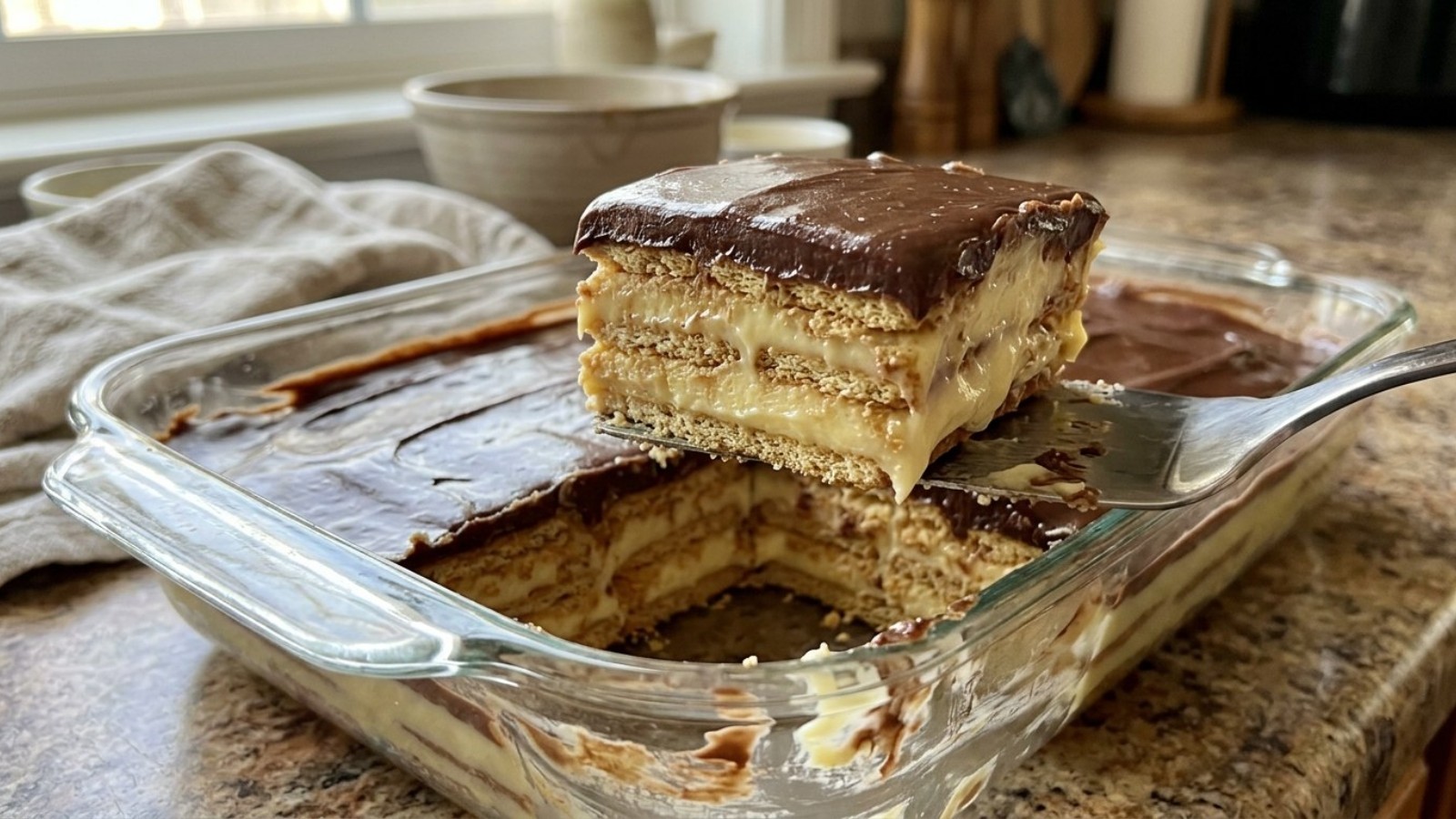 A slice of no-bake eclair cake with graham crackers, pudding and chocolate