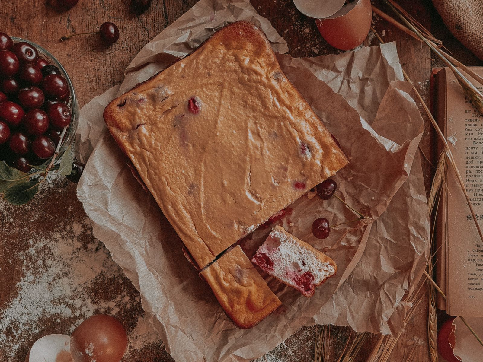 A rustic cherry cake baked without a crust