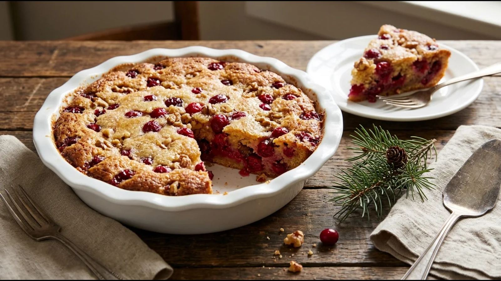 Crustless cranberry pie with walnuts in a white dish