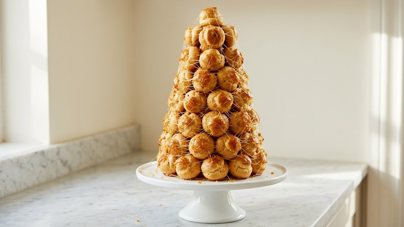 A croquembouche tower of choux buns wrapped in spun sugar