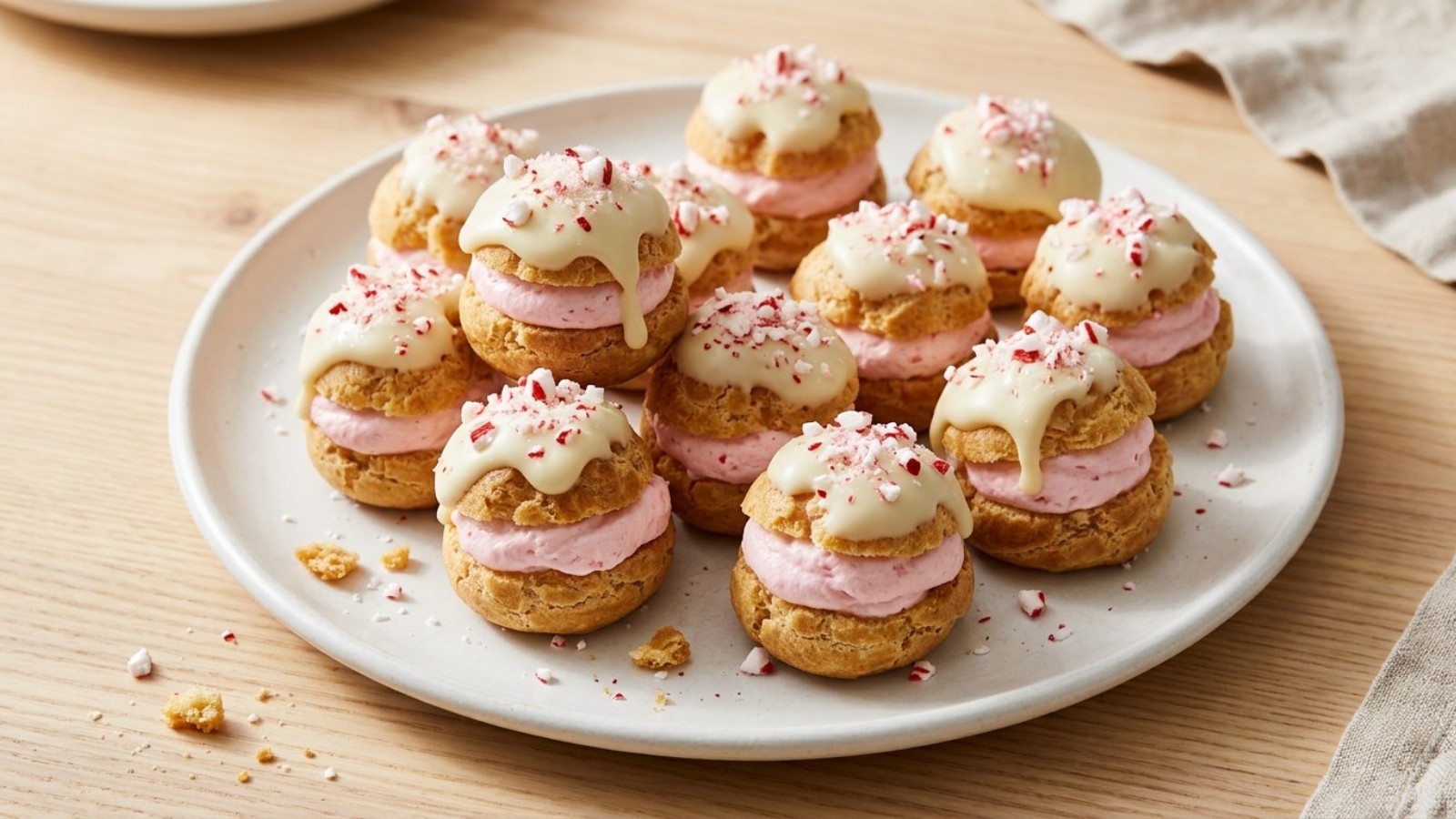 Cream puffs with peppermint cream, white chocolate and crushed candy