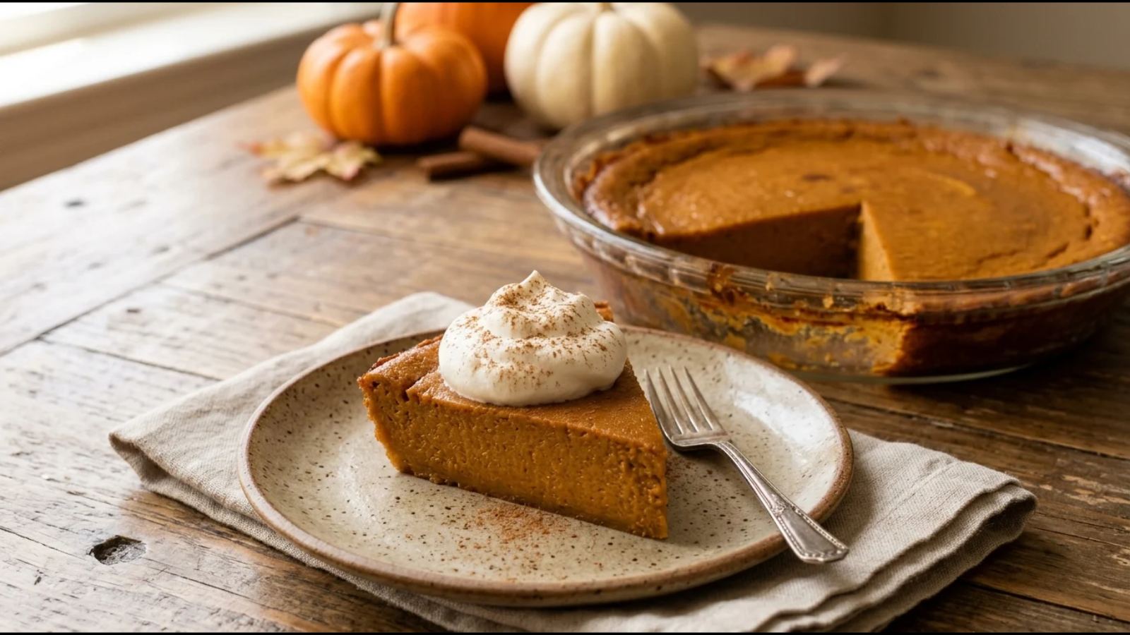 Crustless pies: pumpkin pie baked without a crust, with whipped cream