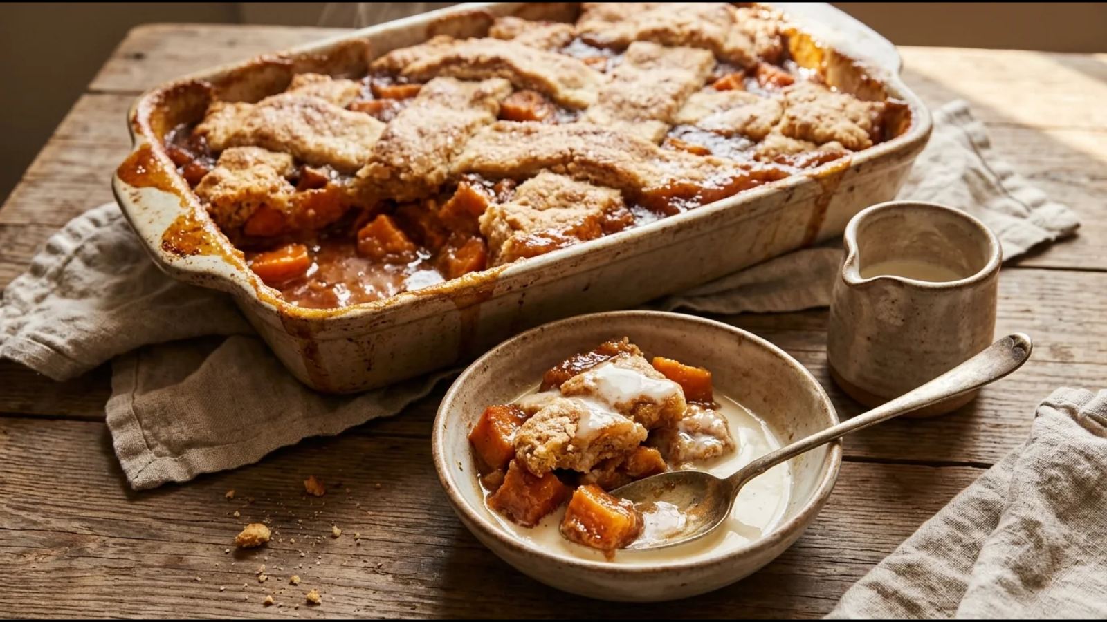Sweet potato sonker in a baking dish with vanilla dip