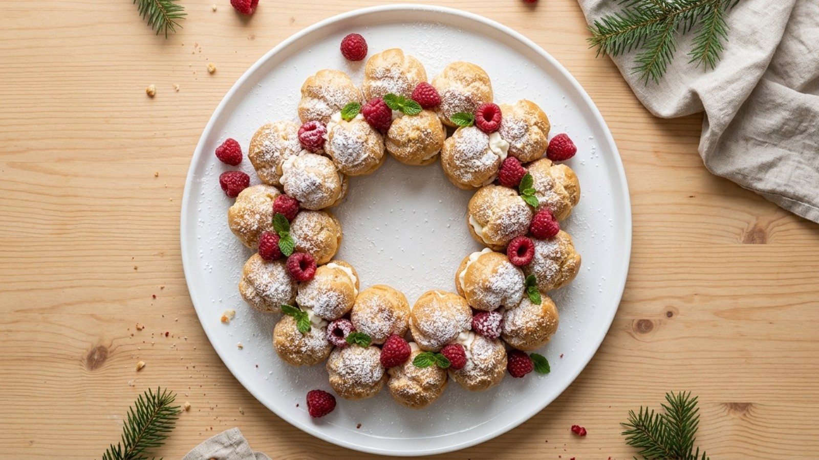 Cream puffs arranged as a Christmas wreath with raspberries and powdered sugar