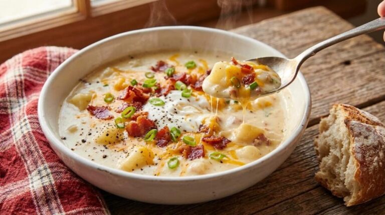 Creamy loaded potato soup with cheddar, bacon and green onion