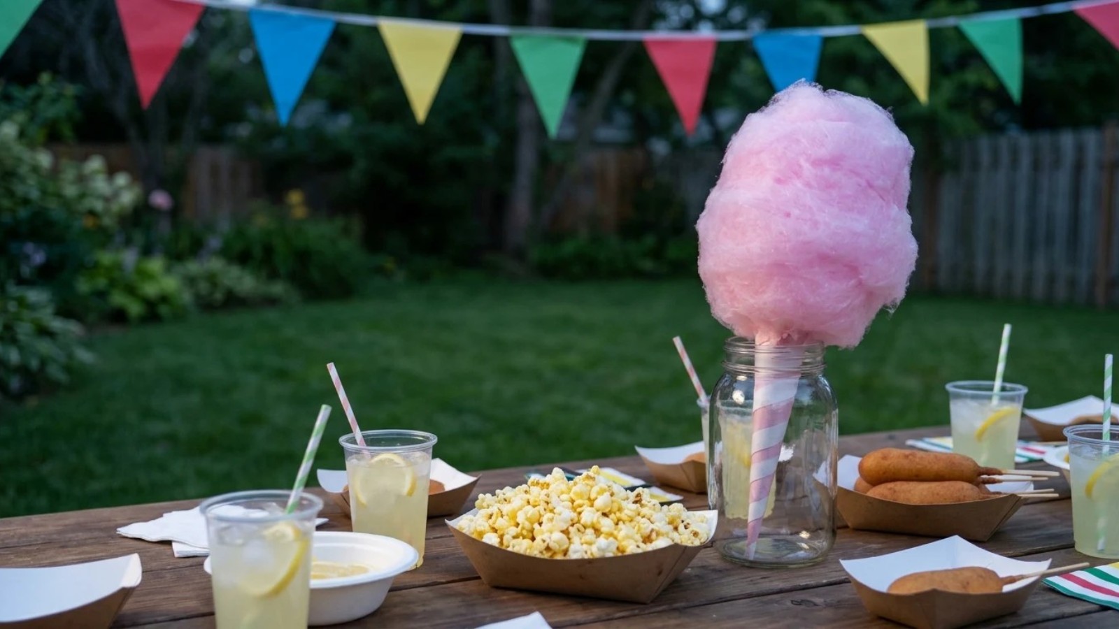 State fair foods night at home: cotton candy and treats on a backyard table