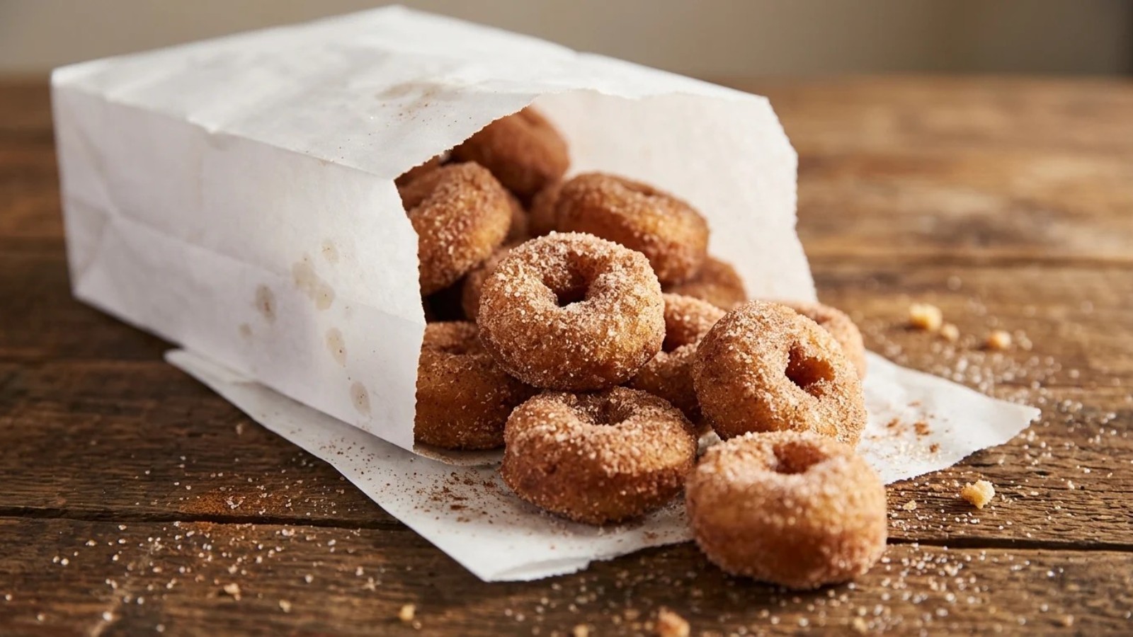 State fair foods treat: mini cinnamon sugar doughnuts in a paper bag