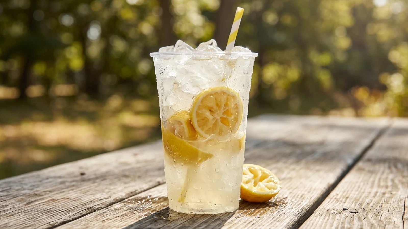 State fair foods drink: a lemonade shake-up with lemon halves and ice