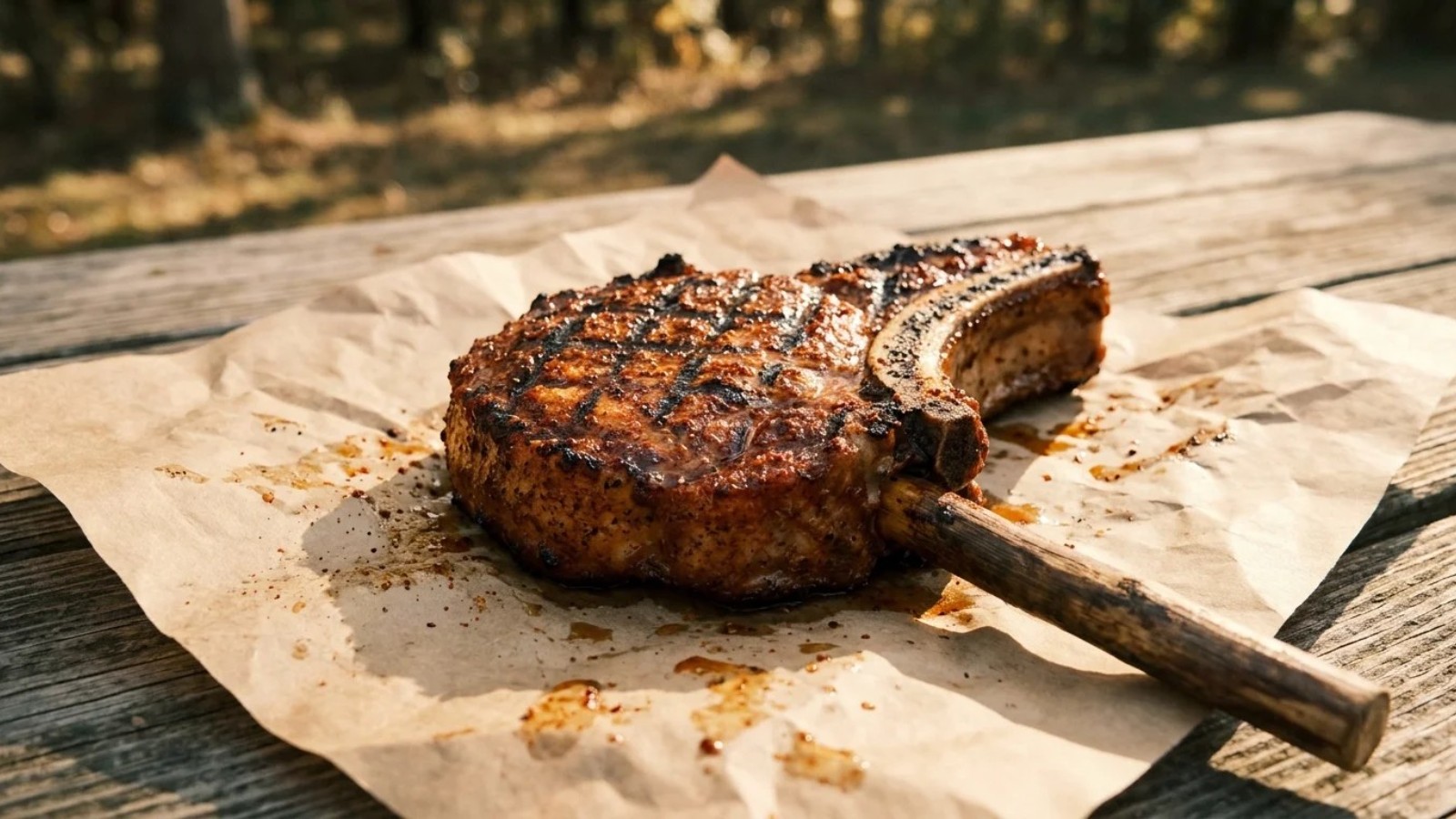 A grilled pork chop on a stick