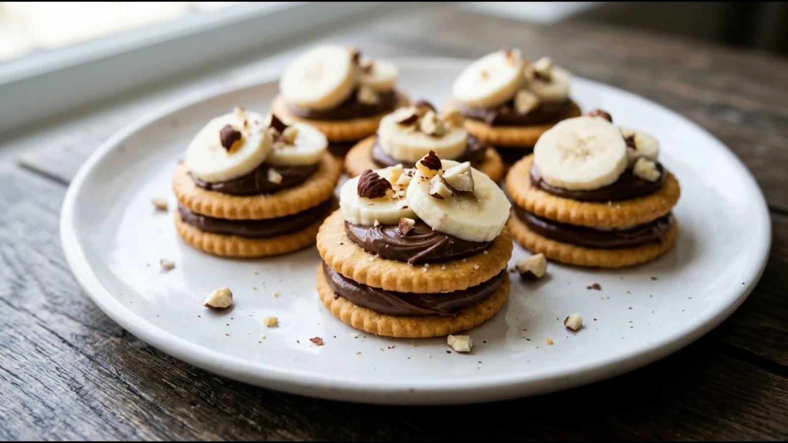 Cracker stacks with chocolate hazelnut spread and banana