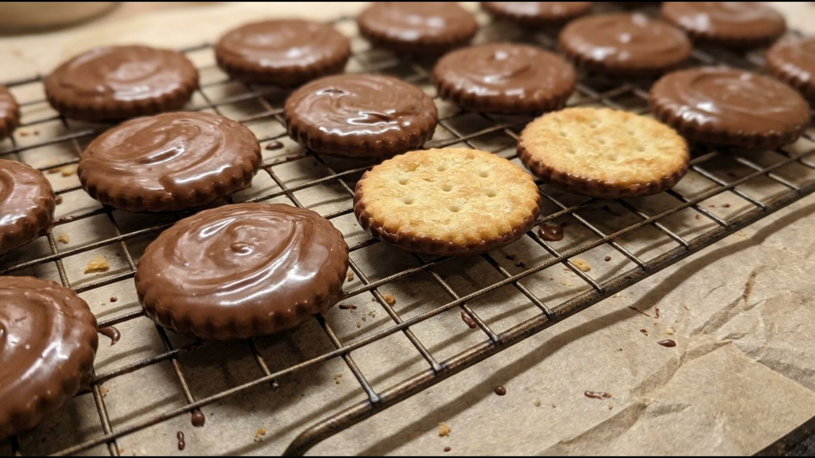 Homemade fudge covered crackers on a wire rack