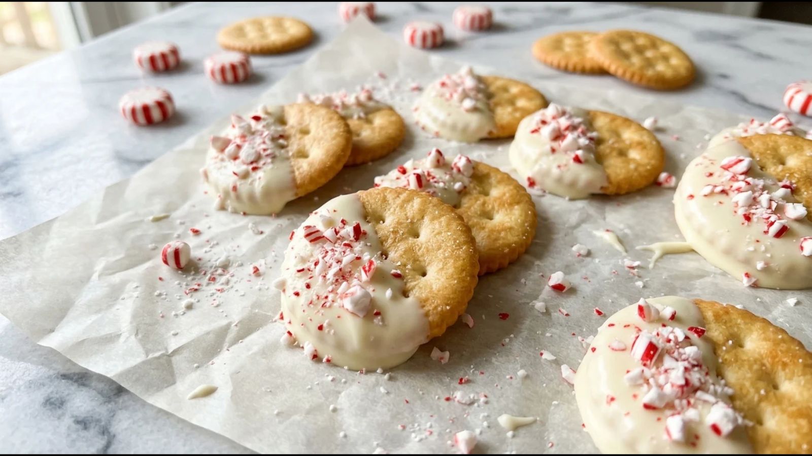 White fudge covered crackers with crushed peppermint