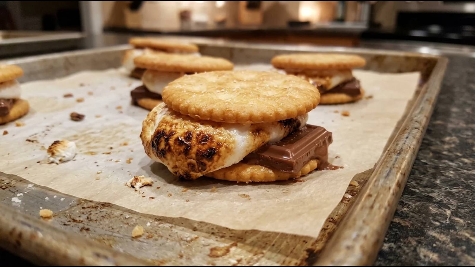 Fudge covered crackers made like s'mores with marshmallow and chocolate