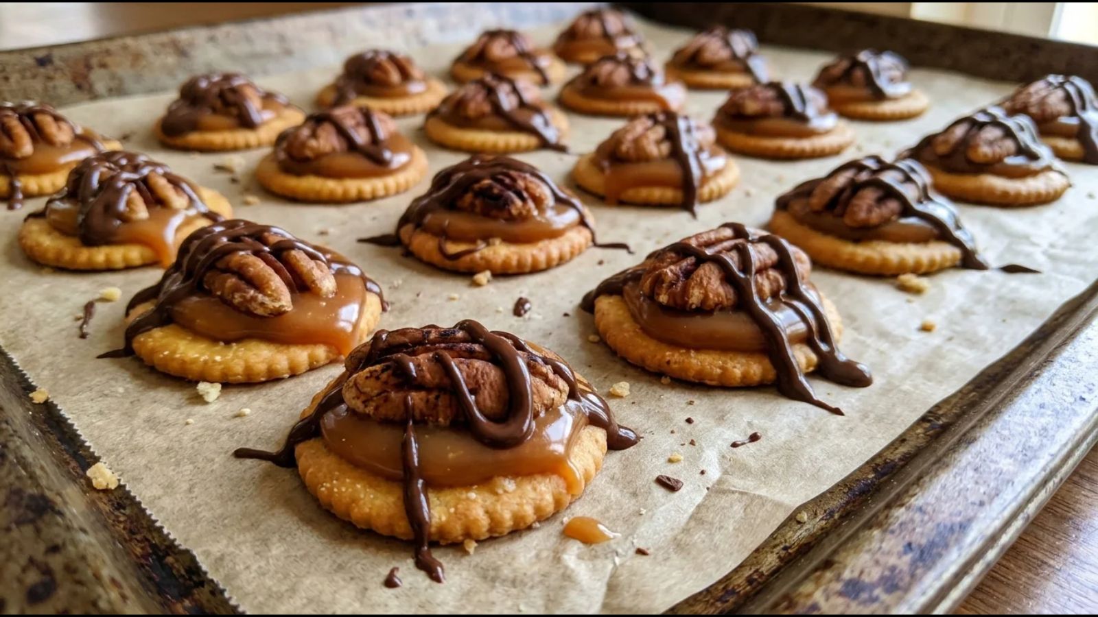 Turtle cracker candies with caramel, pecans and chocolate
