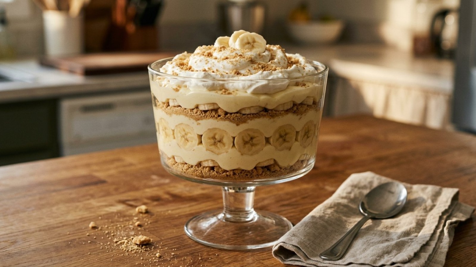 Graham cracker desserts: banana pudding with graham layers in a glass dish