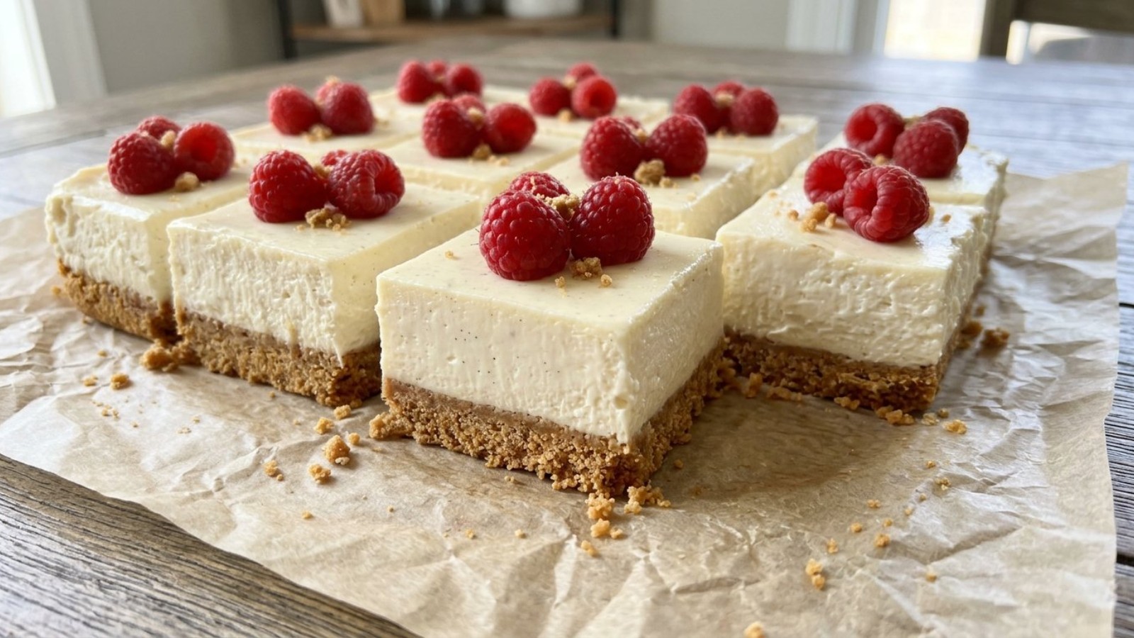 Graham cracker desserts: no-bake cheesecake bars with raspberries