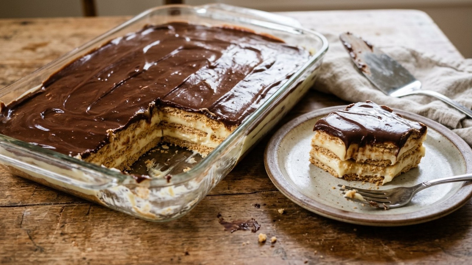 Graham cracker desserts: a pan of chocolate eclair cake with one square served