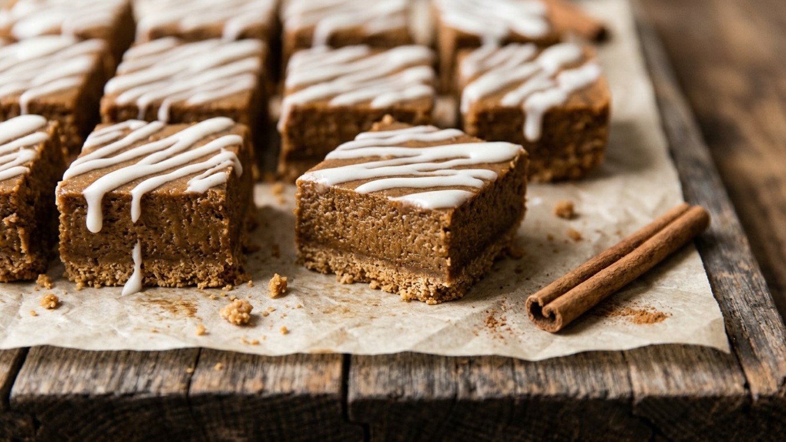 Spiced bars with a crumb crust and white icing drizzle
