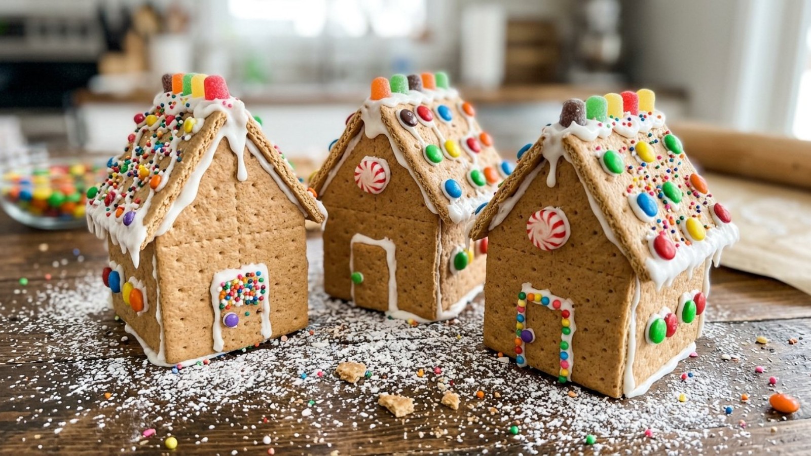 Little houses built from crackers, icing and candies