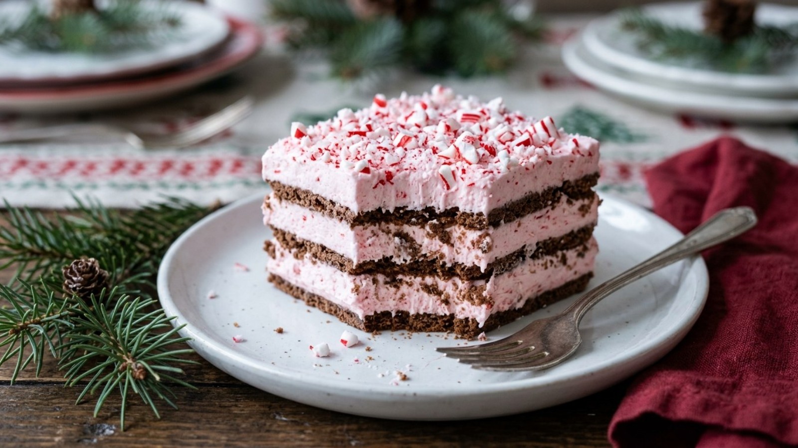 Peppermint icebox cake with crushed candy on a Christmas table