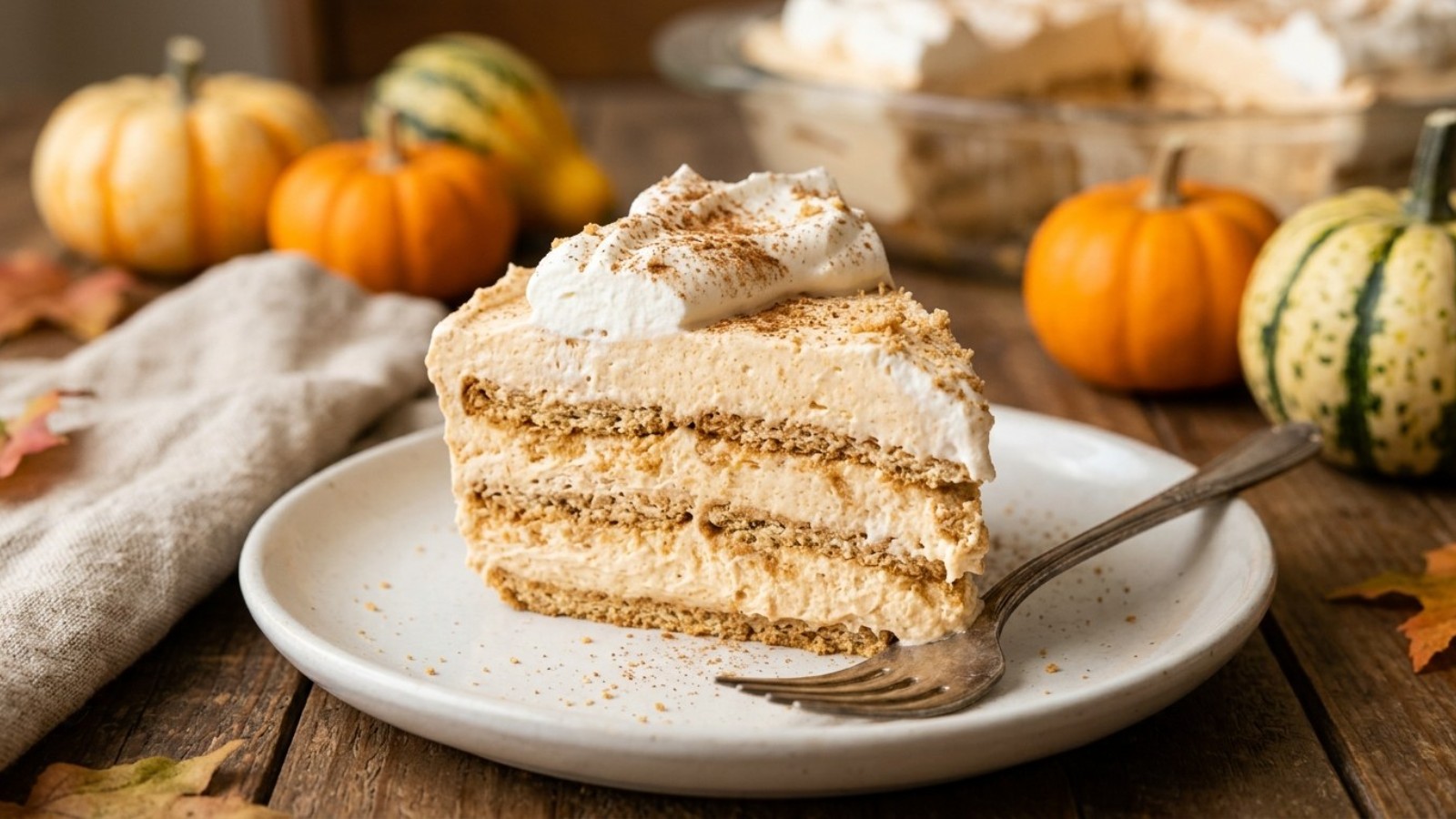 Graham cracker desserts for Thanksgiving: a slice of pumpkin icebox cake