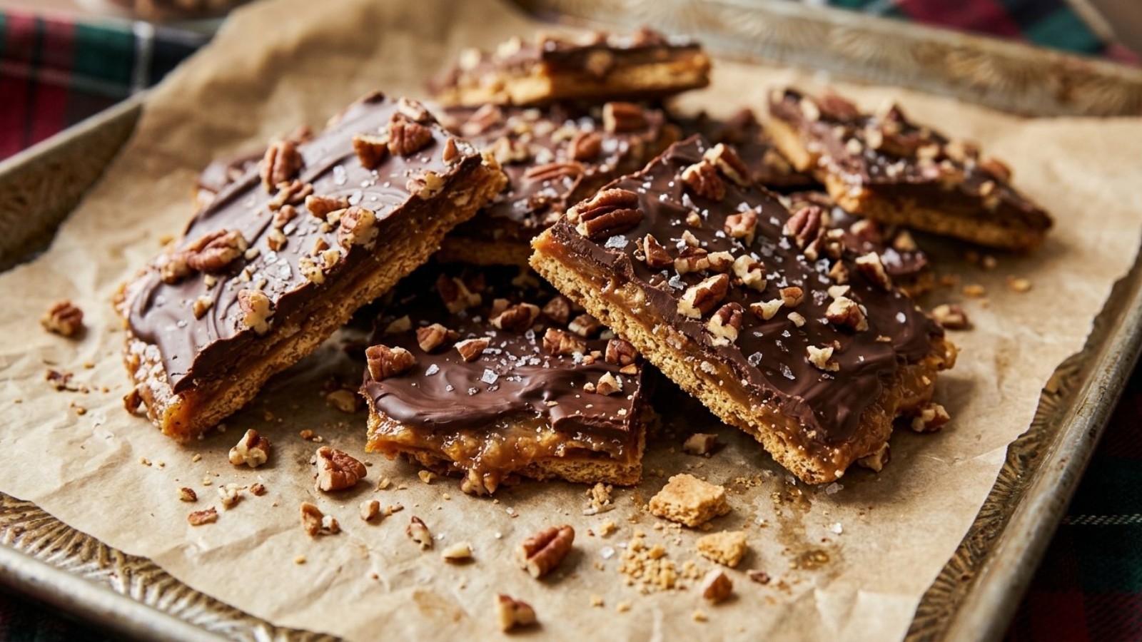 Chocolate and pecan toffee pieces on parchment
