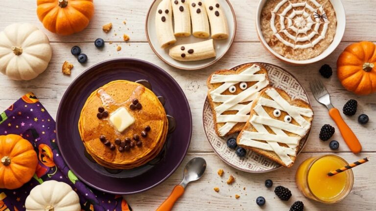 Halloween breakfast for kids with jack-o-lantern pancakes, mummy toast and banana ghosts