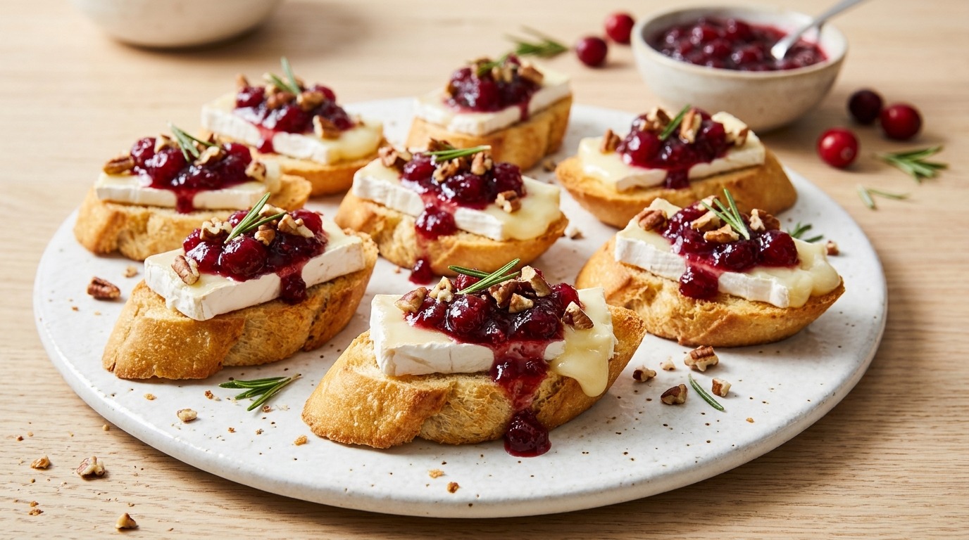 Cranberry brie crostini topped with pecans and rosemary on a white platter