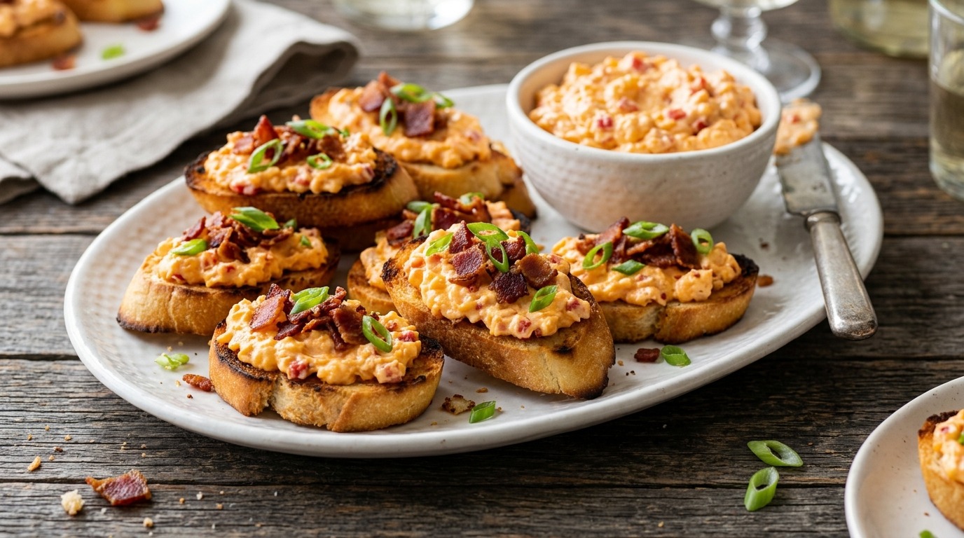Pimento cheese and bacon holiday crostini on a platter