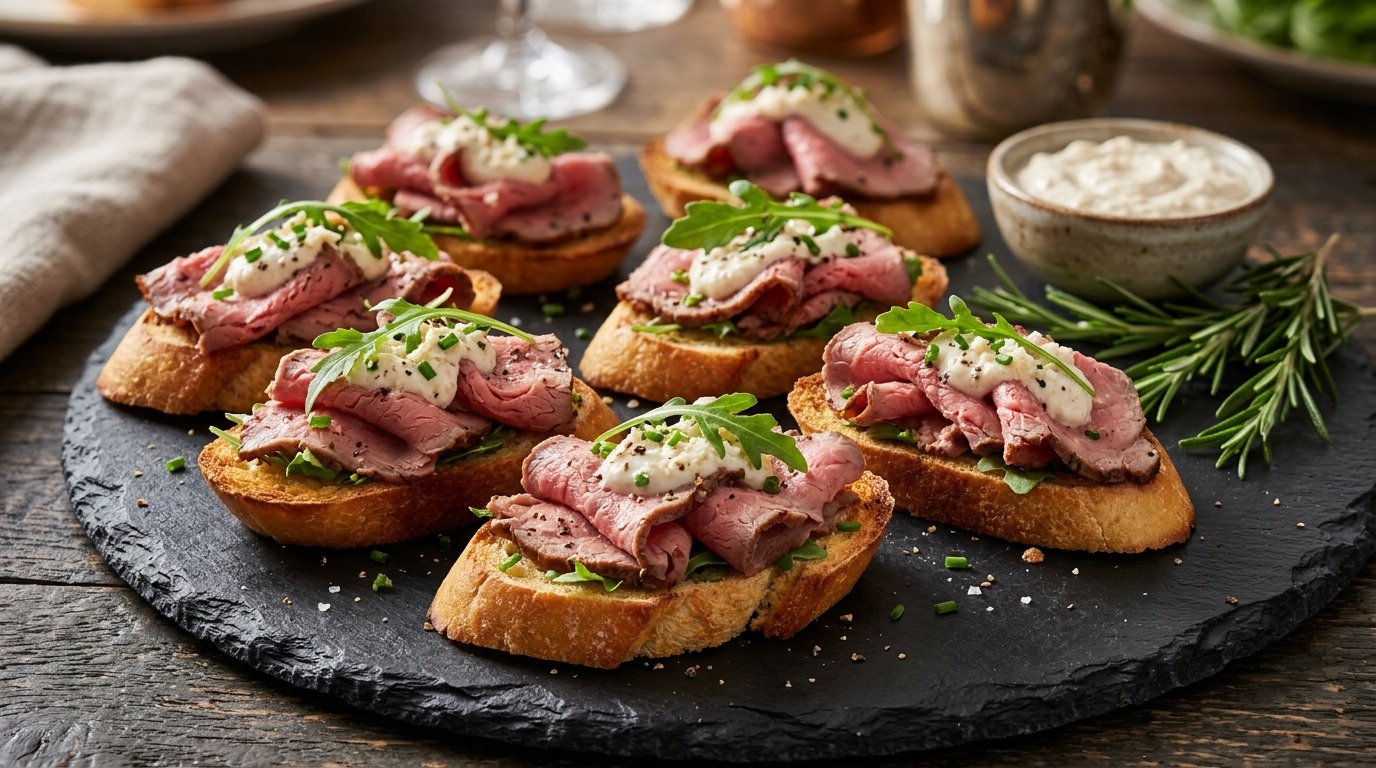 Roast beef holiday crostini with horseradish cream on a slate board