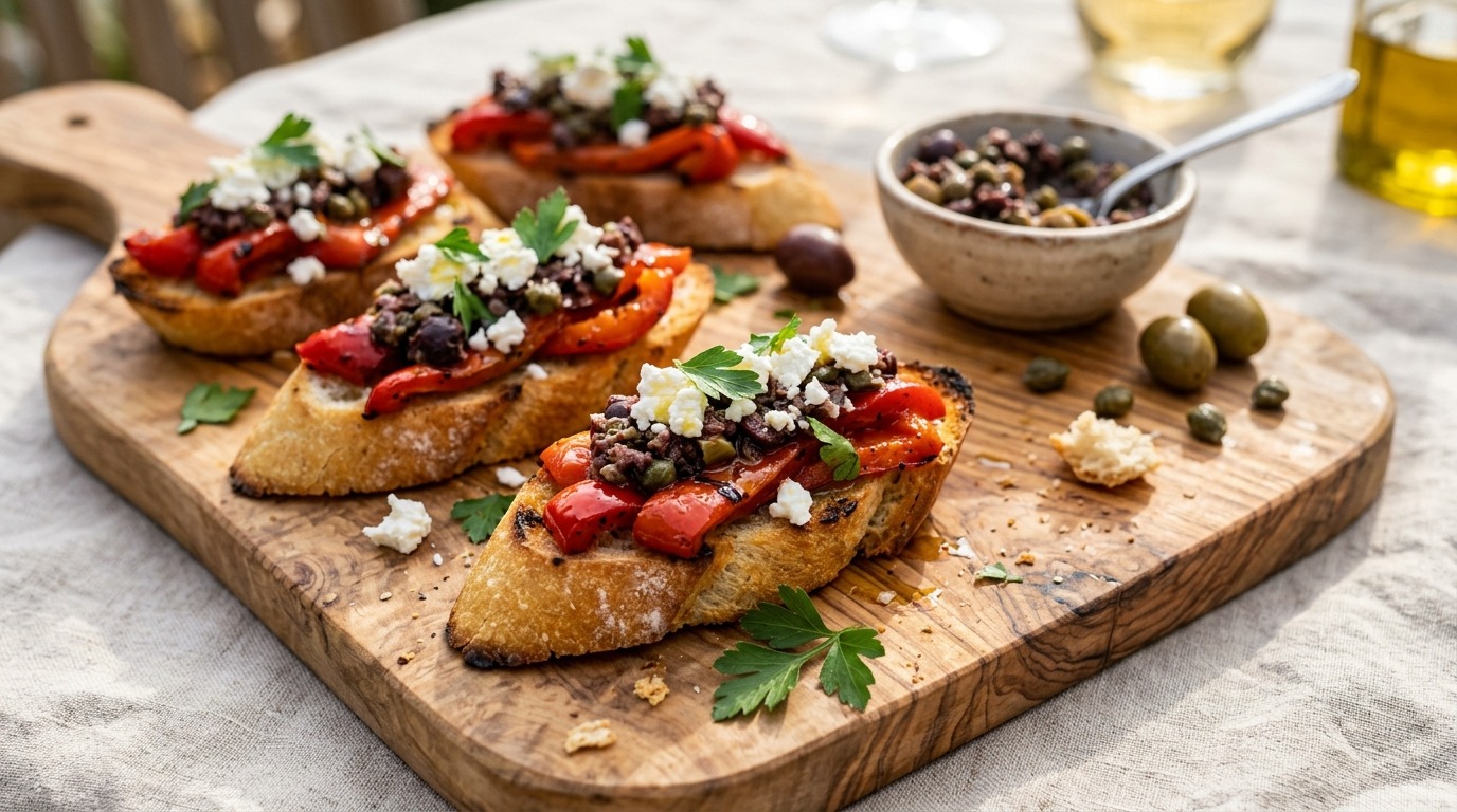 Olive tapenade and roasted red pepper toasts on an olive wood board