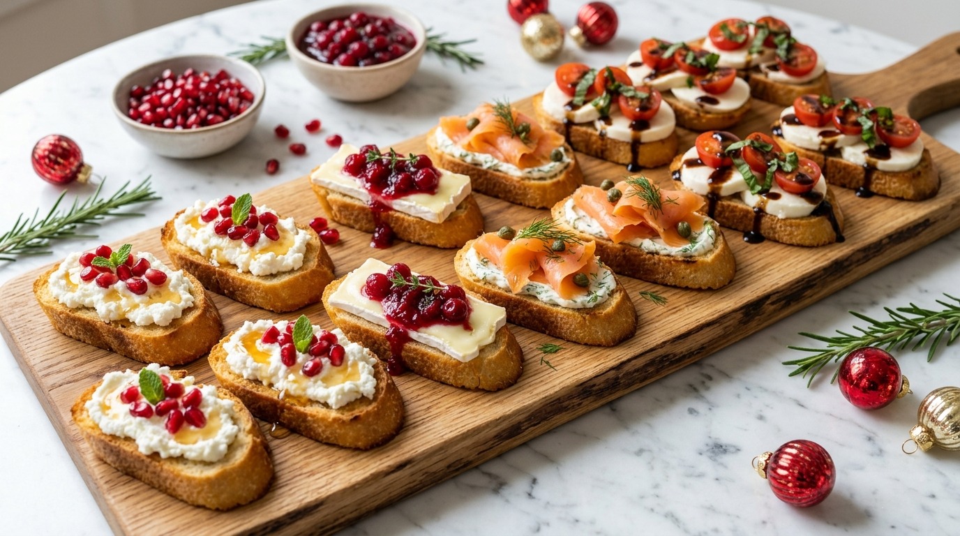 Holiday crostini board with whipped feta, pomegranate, cranberry brie and smoked salmon toasts