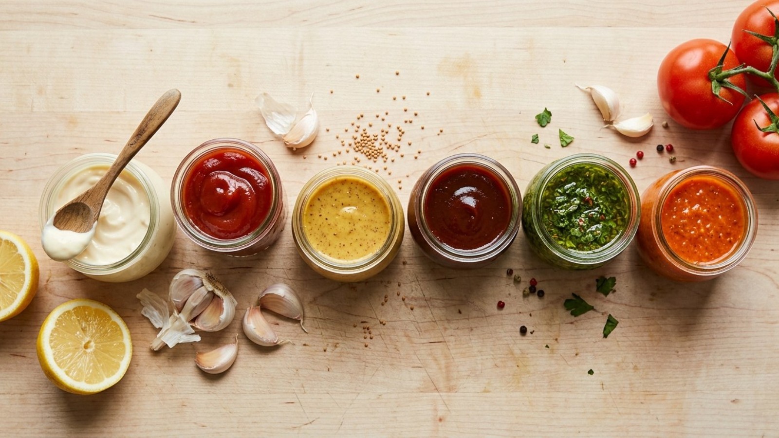 Homemade condiments in small glass jars: mayo, ketchup, honey mustard, BBQ sauce, herb sauce and hot sauce