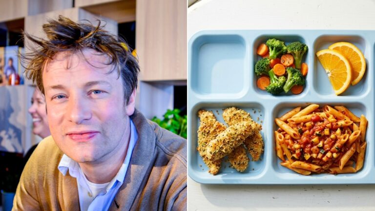 Jamie Oliver next to a school lunch tray with baked chicken strips, pasta and vegetables