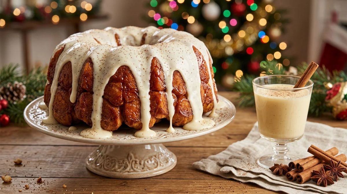 Eggnog glazed monkey bread on a cake stand
